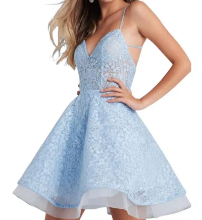 Jovani Embroidered Fit And Flare Short Dress In Light Blue