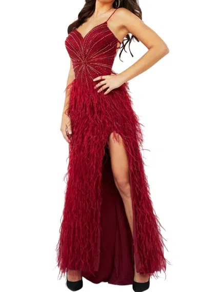 Jovani Feather Accent Prom Dress In Burgundy In White