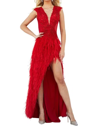 Jovani Feather Skirt Dress In Red