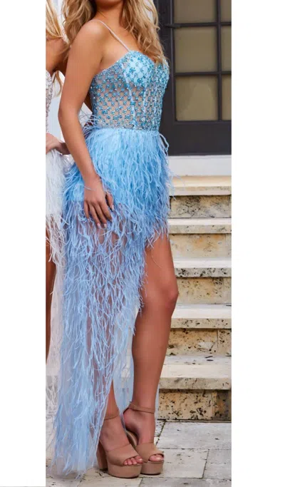 Jovani Feather Skirt Illusion Dress In Light Blue