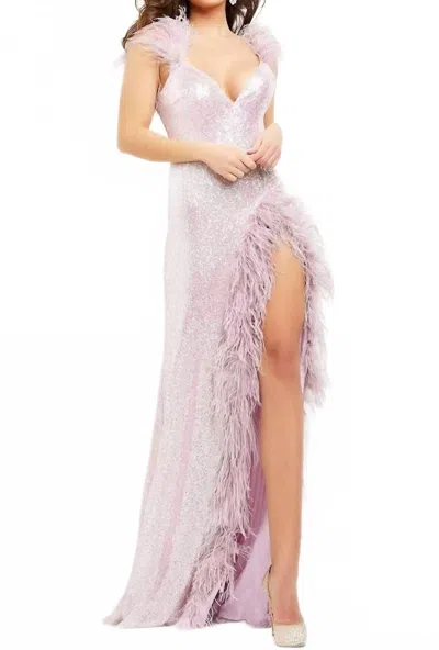 Jovani Feather Trimmed High Slit Long Dress In Lilac In Purple