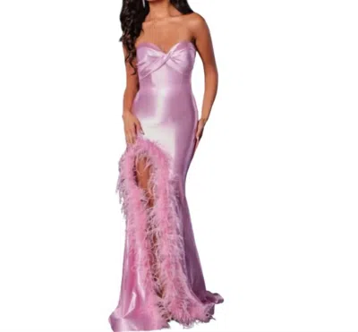 Jovani Feather Trimmed Slit Satin Gown In Pink