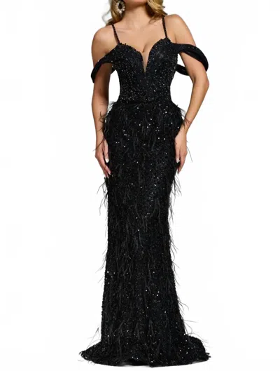 Jovani Feathered Plunge Gown With Dazzling Embellishments In Black