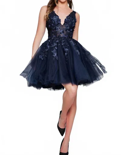 Jovani Fit And Flare Floral Applique Dress In Navy/black In Multi