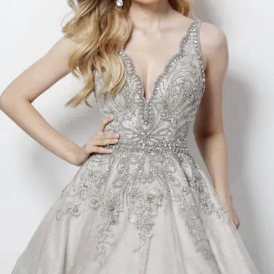 Jovani Fitted And Flare In Taupe In Grey