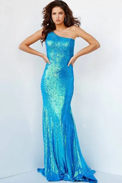 Jovani Fitted Long One Shoulder Evening Gown In Iridescent Royal In Multi
