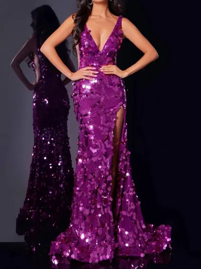 Jovani Fitted Sequin Formal Slit Beaded Prom Dress In Violet In Purple