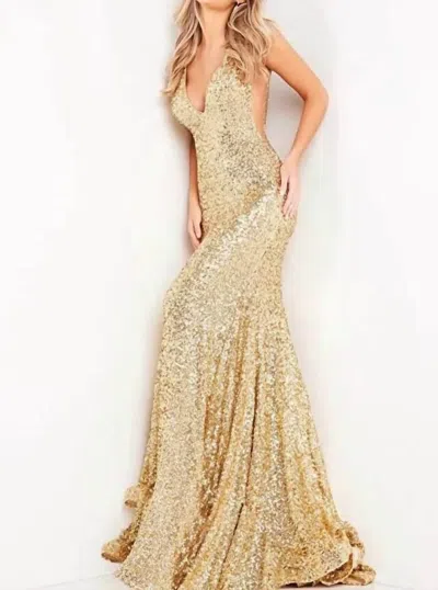 Jovani Fitted V Neckline Sequin Gown In Gold