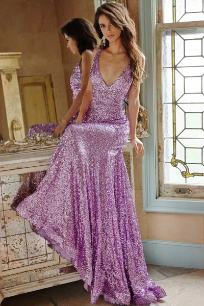 Jovani Fitted V Neckline Sequin Gown In Lilac In Pattern