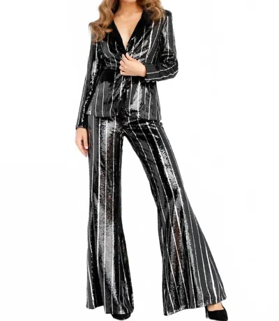 Jovani Flare Leg Sequin Evening Pant And Blazer Suit In Black/silver