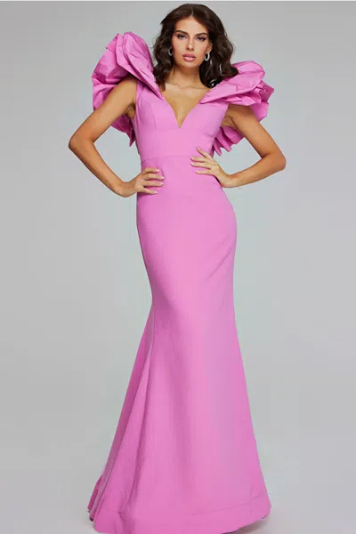 Jovani Flared Gown With Ruffled Shoulders In Pink