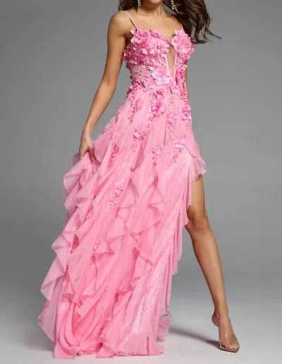 Jovani Floral Applique Ruffled Gown In Pink