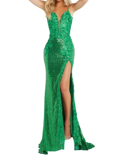 Jovani Floral Appliques Backless Dress In Green