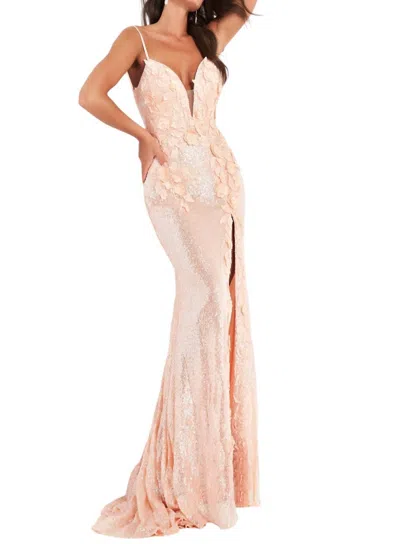 Jovani Floral Appliques Backless Dress In Rose Gold In Multi