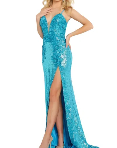 Jovani Floral Appliques Backless Dress In Turqu In Multi