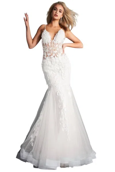 Jovani Floral Appliques Corset Bodice Tulle Trumpet Gown In Ivory In White