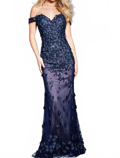 Jovani Floral Embellished Off Shoulder Evening Dress In Navy Nude In Blue