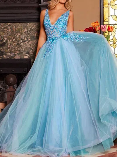 Jovani Floral Embroidered Bodice Ballgown In Blue