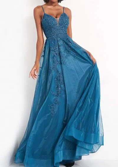 Jovani Floral Embroidered Prom Gown In Teal In Blue