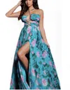 Jovani Floral Pleated Gown In Blue Multi In Multi