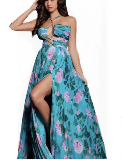 Jovani Floral Gown In Blue Multi