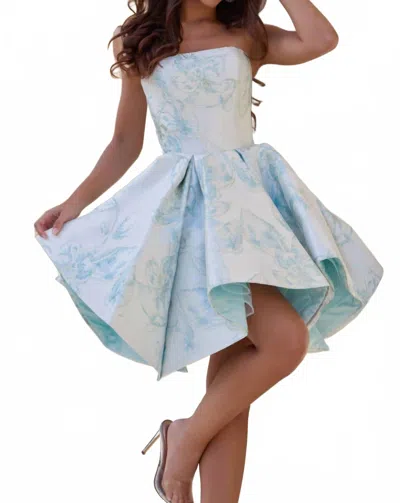 Jovani Floral Jacquard Strapless High Low Cocktail Dress In Mint In Blue