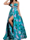 Jovani Floral Pleated Gown In Blue Multi In Blue