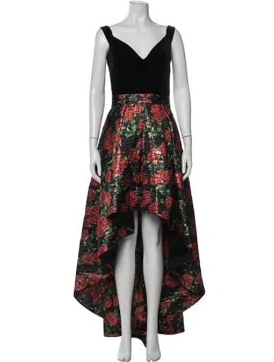 Pre-owned Jovani Floral Print Long Dress In Black