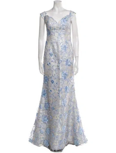 Pre-owned Jovani Floral Print Long Dress In Blue