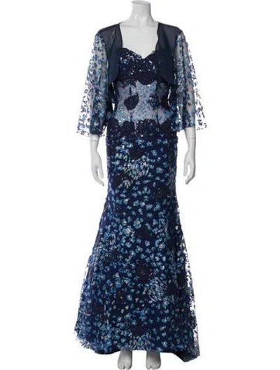 Pre-owned Jovani Floral Print Long Dress In Blue