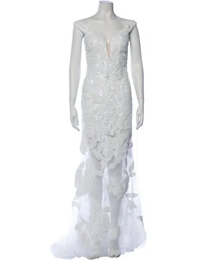 Pre-owned Jovani Floral Print Long Dress W/ Tags In White