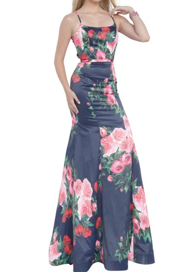 Jovani Floral Print Party Gown In Navy