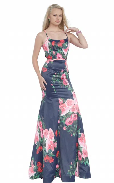 Jovani Floral Print Party Gown In Navy In Multi