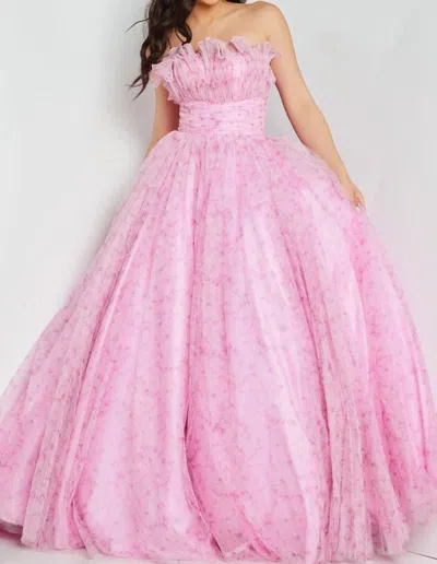 Jovani Floral Print Ruffle Neckline Ballgown In Pink