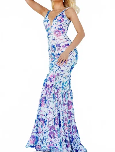 Jovani Floral Sequin Fitted Prom Gown In Purple