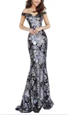 Jovani Two Tone Embroidered Off-shoulder Gown In Black Multi In Multi