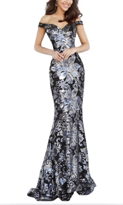 JOVANI FLORAL SEQUIN OFF THE SHOULDER GOWN IN BLACK/SILVER MULTI