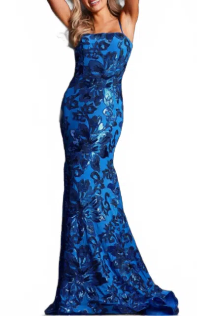 Jovani Floral Shimmer Prom Formal Gown In Blue/multi