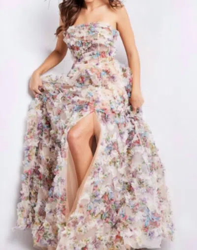 Jovani Floral Strapless Maxi Gown In Cream, Pink, Blue, Purple