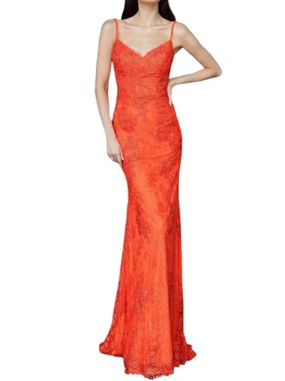 Jovani Form Fitting Lace Prom Dress In Orange/red In Multi