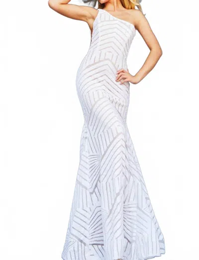 Jovani Geometric Sequined Gown In Blush/nude In White