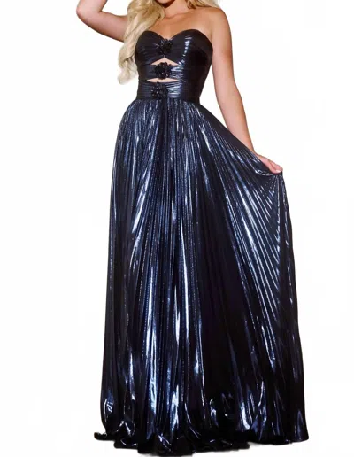 Jovani Glamorous Strapless Gown With Floral Accents And Cutout Detail In Navy In Blue