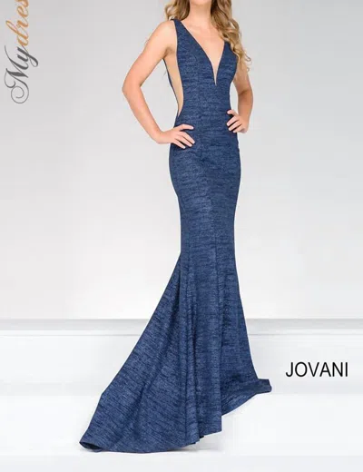 Jovani Glitter Jersey Mermaid Gown With Low Back In Royal In Blue