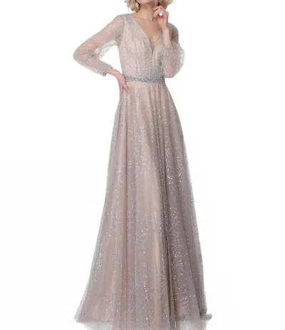 Jovani Glittered V-neck A-line Dress In Nude In Multi
