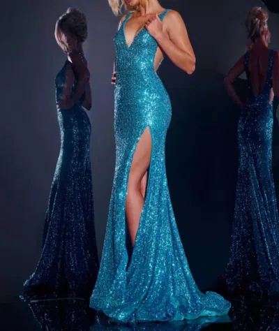 Jovani Glittering V Neck Gown With High Slit In Turquoise In Blue
