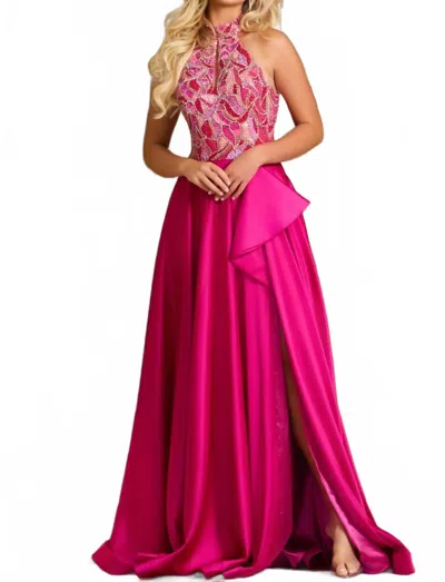 Jovani Halter Neck A-line Gown In Fuchsia In Pink