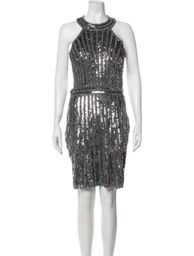 Pre-owned Jovani Halterneck Knee-length Dress In Gray