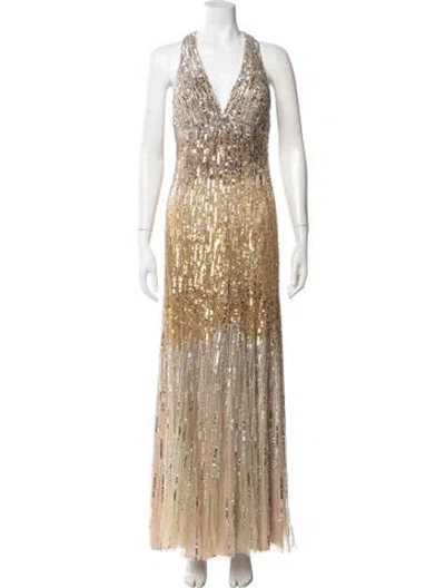 Pre-owned Jovani Halterneck Long Dress In Gold
