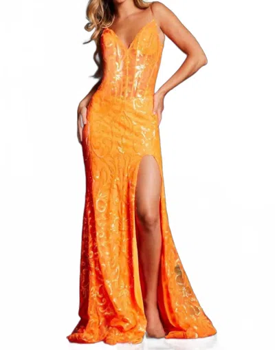 Jovani High Slit And V-neckline Prom Dress In Neon Orange
