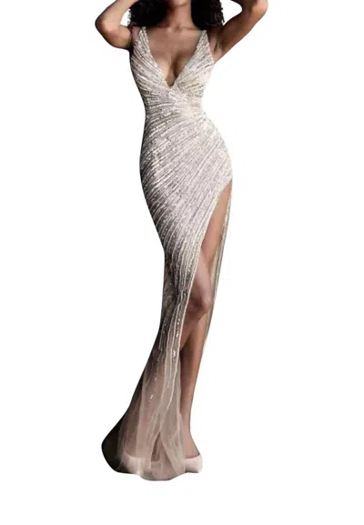 Jovani High Slit Beaded Prom Dress In Gold/silver In Multi